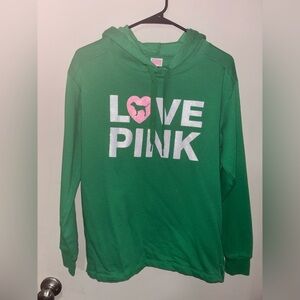 PINK Victoria's Secret Women’s Green Hoodie with Pink and White Accents